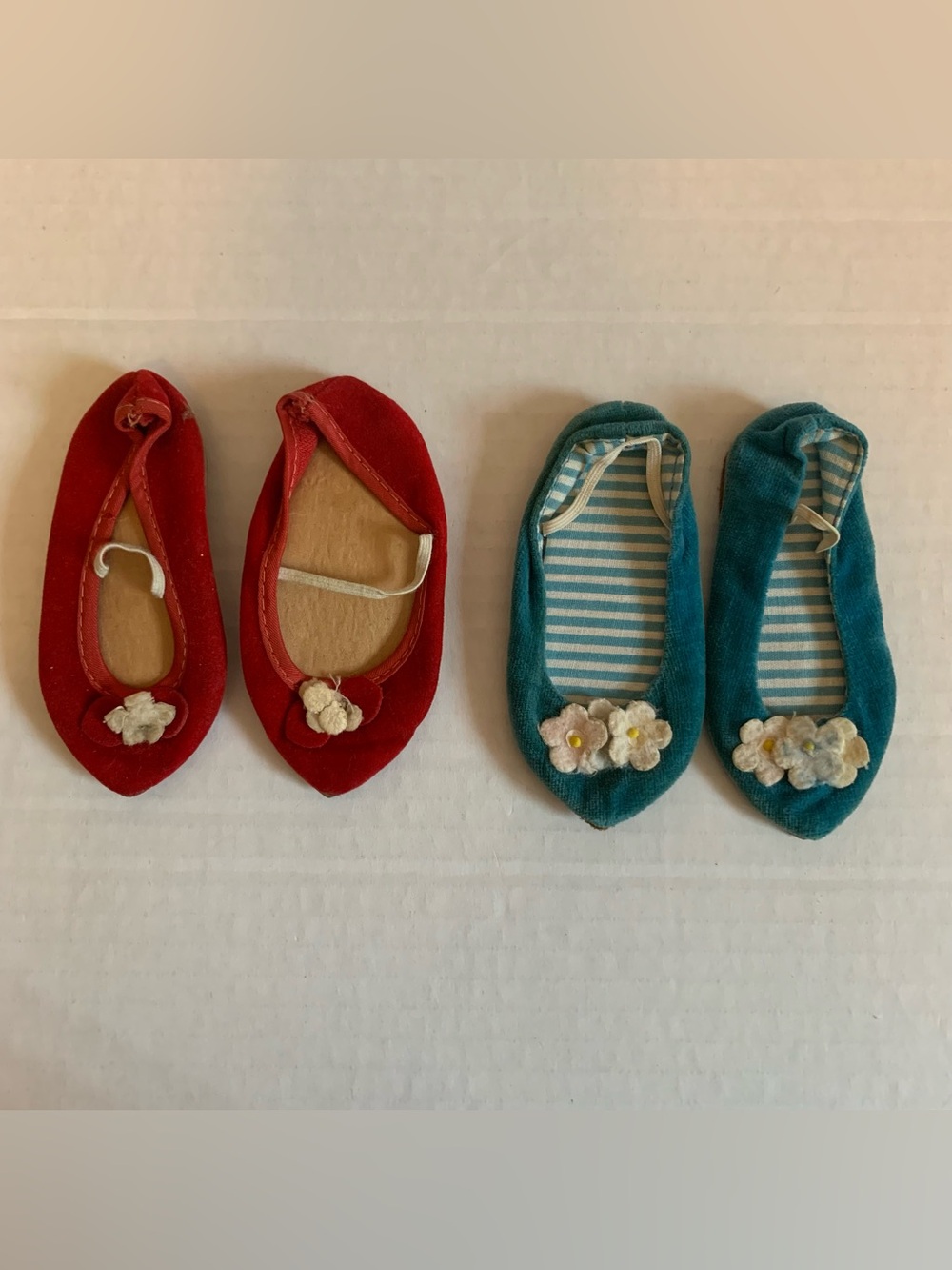 2 Vintage Chatty Cathy Doll Red Blue Turquoise Shoes Striped Lining 1960's